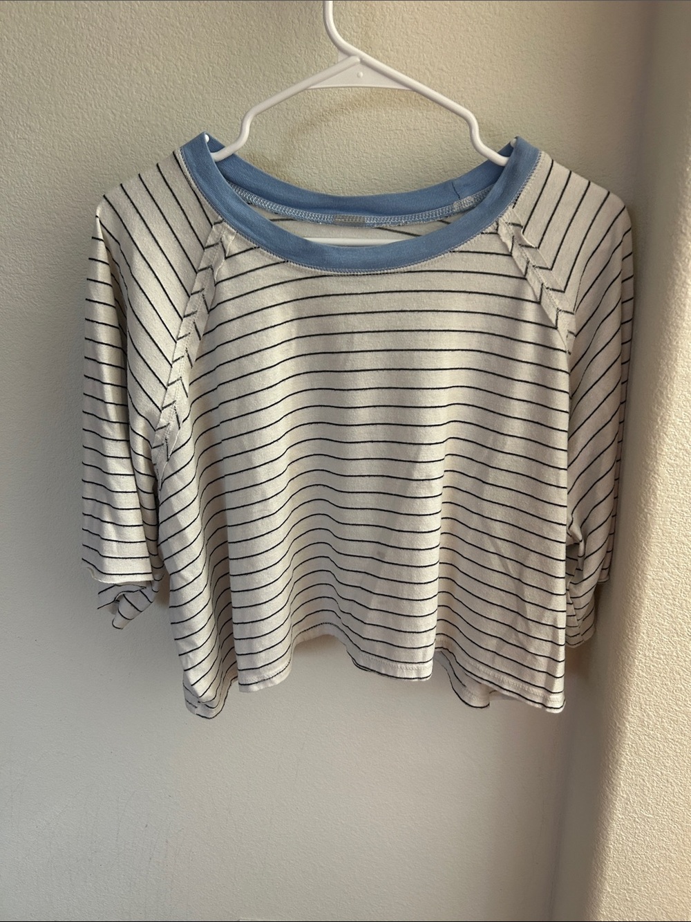 Striped Cream and Black Short Sleeve Tee with Blue Crew Neck